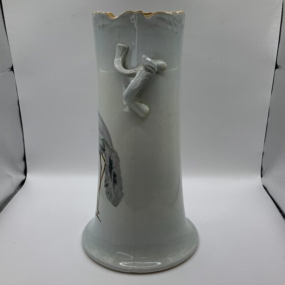 Warwick Vintage Porcelain Double Handle Egret Bird Gold Tone Trim 12" Vase - Picture 6 of 7